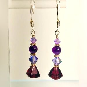 Handcrafted genuine amethyst and lavender crystal and silver beaded earrings